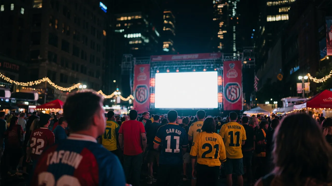 世界杯球迷区氛围：城市广场大屏幕、穿球衣的人群与夜色灯光